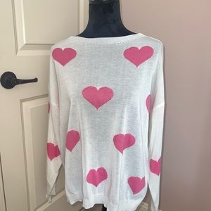 Pink Lily White Valentine Sweater with Large Pink Hearts Size M Like New